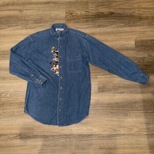 Vintage Looney Tunes Classic Denim Embroidered Button Up Shirt 100% Cotton M